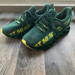 Green sneakers. Barely warm